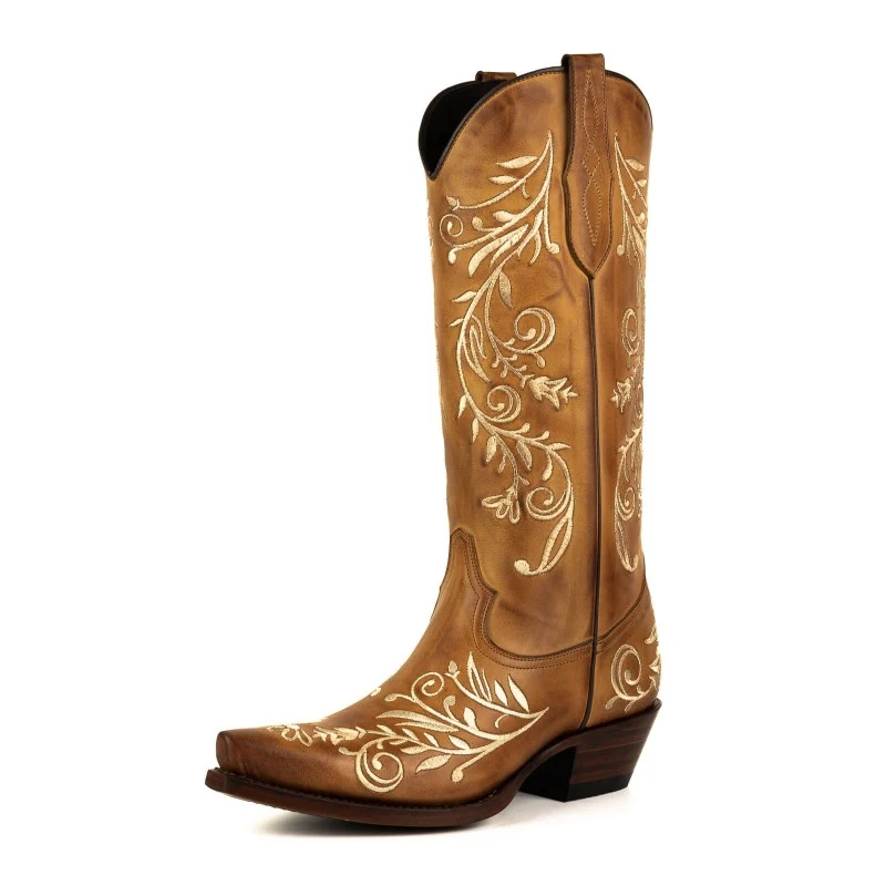 Damen Country und Western Cowboystiefel 2669 Braunes Leder mit Blumenstickerei