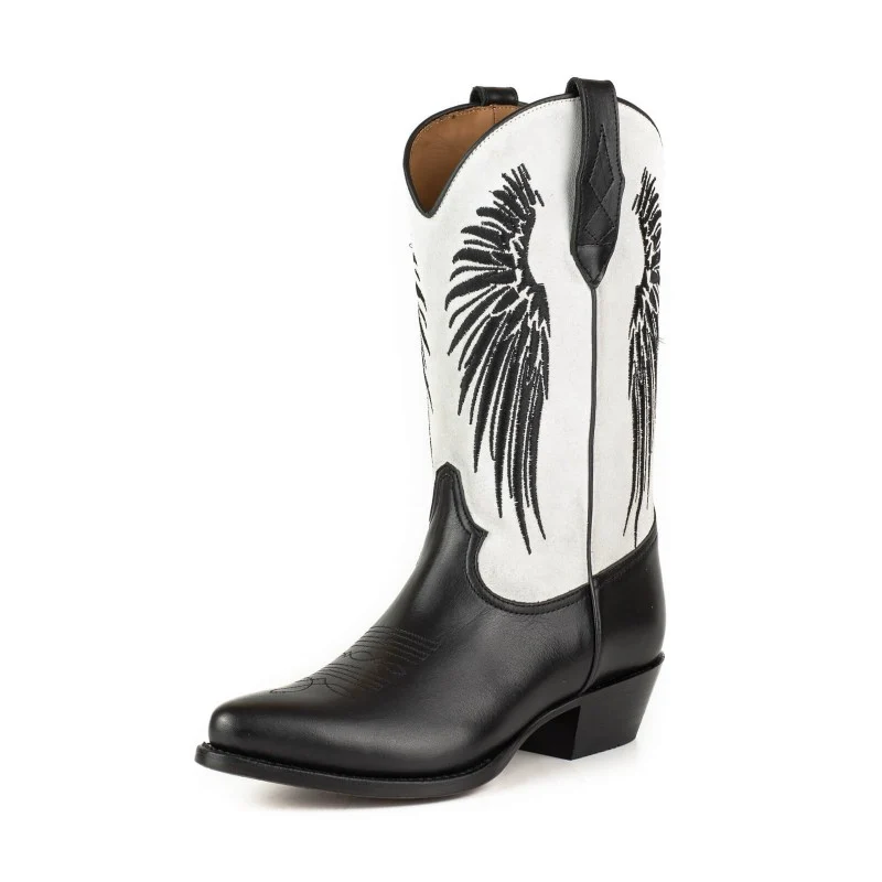 Schwarz-weiße Cowboystiefel für Damen mit Flügeln Schwarz 2666