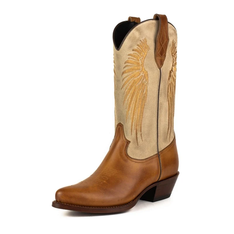 Damen-Cowboystiefel in Braun und Beige mit goldenen Flügeln 2666