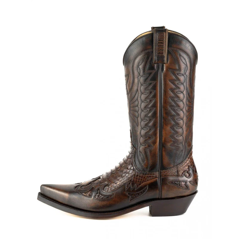 Country- und Western-Cowboystiefel für Herren und Damen von 1935 aus braunem und exotischem braunem Leder