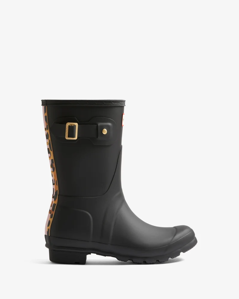 Leopard Print Backstrap Short Wellington Gummistiefel Schwarz (Damen)