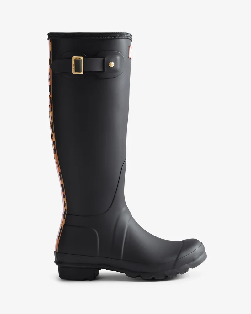 Leopard Print Backstrap Tall Wellington Gummistiefel Schwarz (Damen)